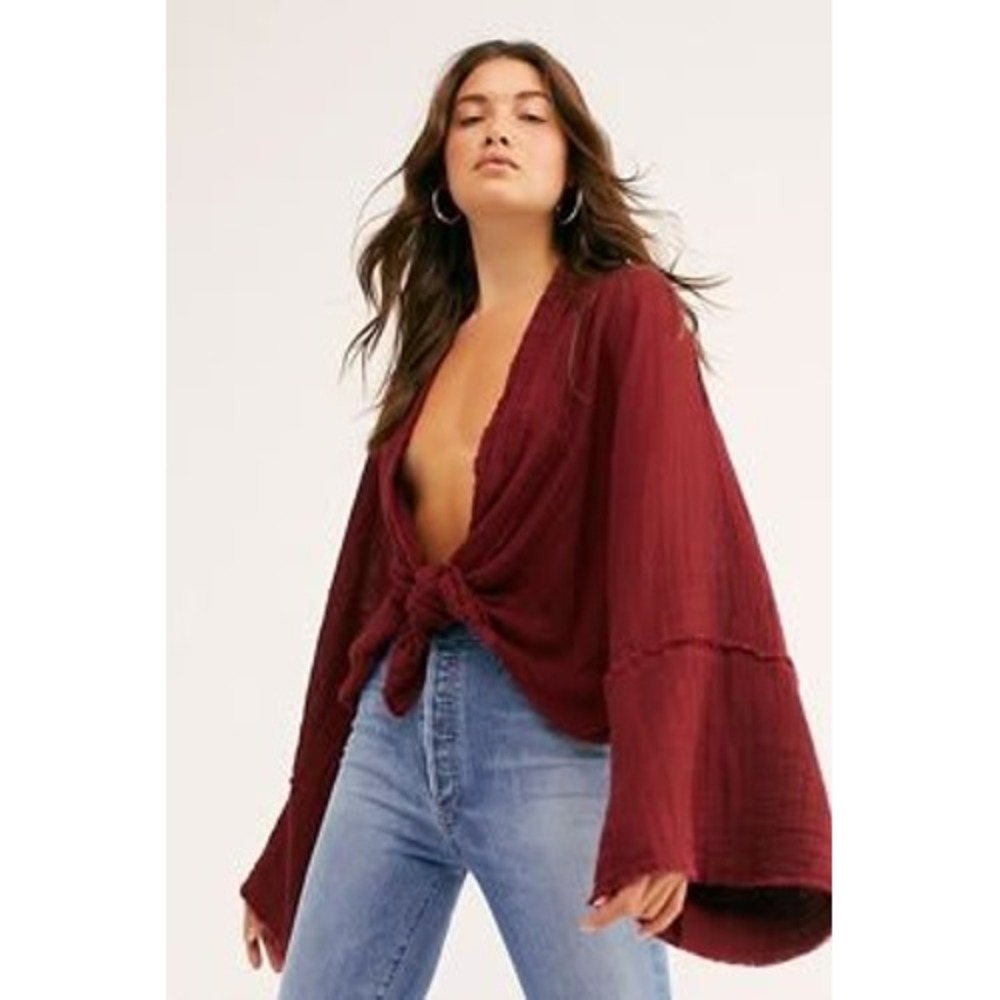 Free People One Azalea Kimono Cardigan Women M/L Red Gauze Bell Sleeve Raw Edge